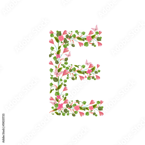 Floral font with with spring pink flowers. Romantic alphabet let