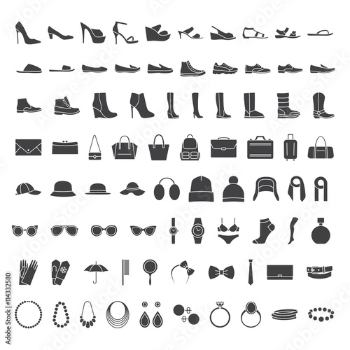 Shoes and accessories icons. Icons set: shoes, bags, hats, jewelry, glasses