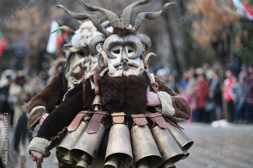 Pernik  Bulgaria - January 14  2008  Unidentified man in traditional Kukeri costume are seen at the Festival of the Masquerade Games Surva in Pernik  Bulgaria.