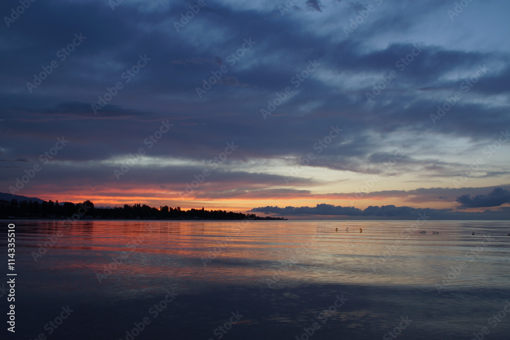 Sunrise on lake Issyk-Kul, Kyrgyzstan 