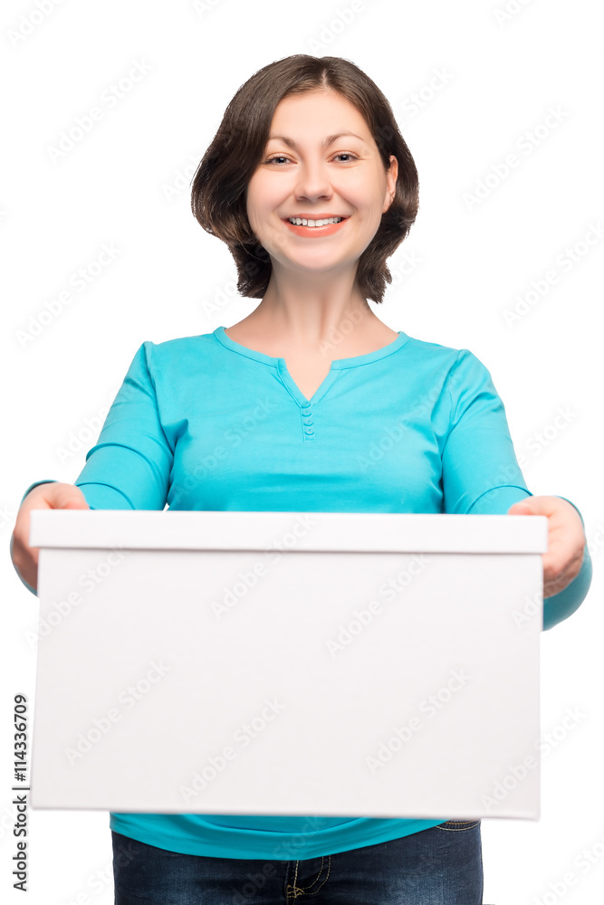 Vertical portrait of a young brunette with a cardboard box isola Vertical portrait of a young brunette with a cardboard box isola
