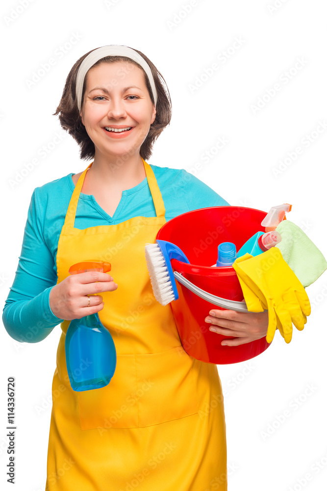 portrait of a housewife ready to clean on a white background iso portrait of a housewife ready to clean on a white background iso