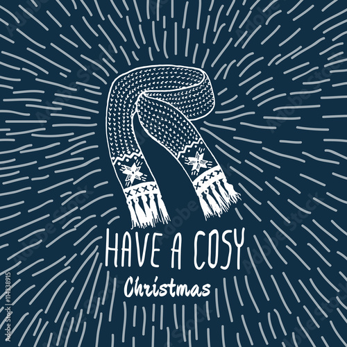 Christmas vintage card with with hand drawn knitted scarf and text 'Have a Cosy Christmas'