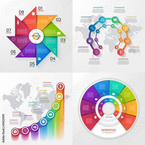 Set of four vector infographic templates. Business, education, industry, science concept with 8 values, options, parts, steps, processes.