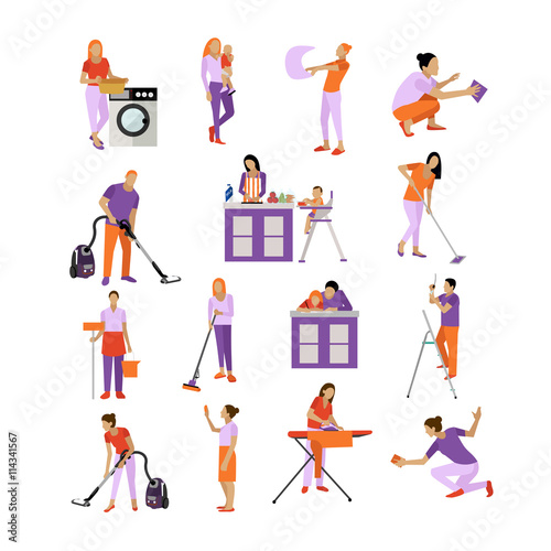 Vector set of cleaning service workers. People clean house, isolated on white background. Housekeeping company team at work