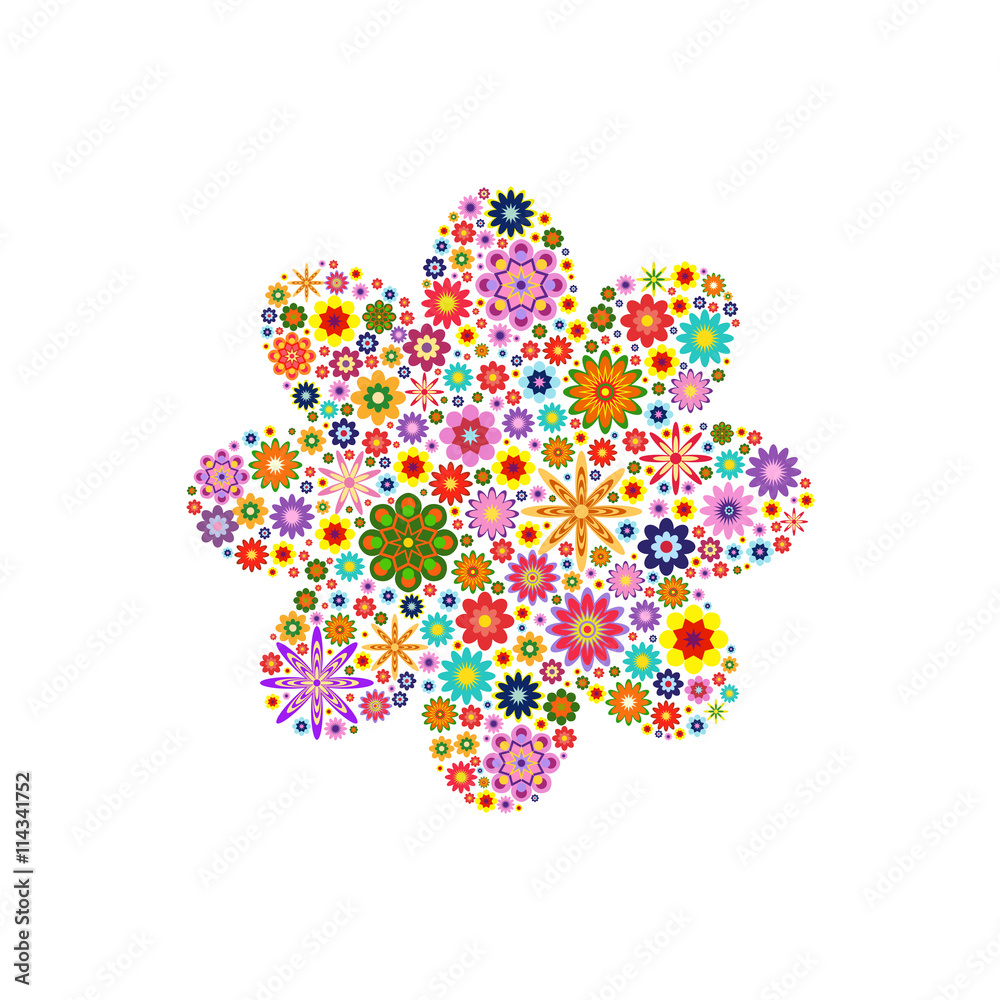 Flower with round petals composed of vector flowers on white