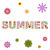 word SUMMER composed of vector flowers on a white square