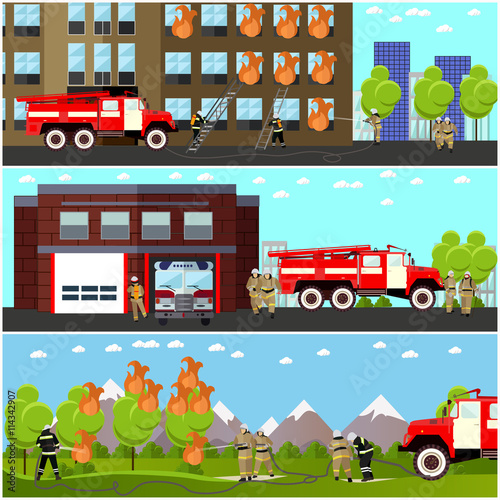 Fototapeta Naklejka Na Ścianę i Meble -  Fire fighting department horizontal banners vector set. Station and firefighters.