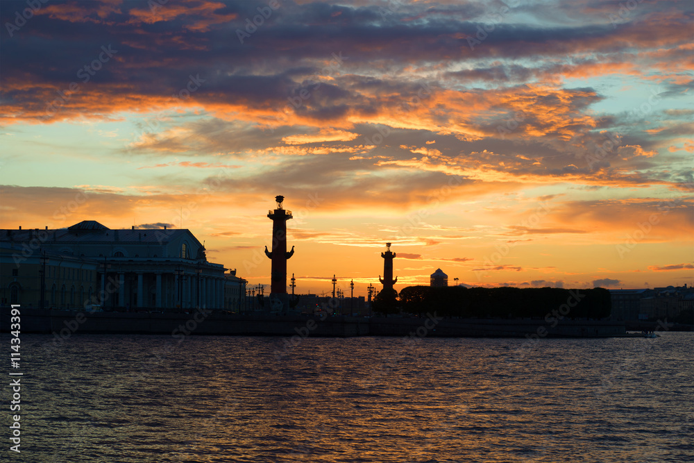 Sunset sky over the Spit of Vasilyevsky Island. Saint-Petersburg, Russia