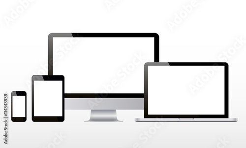 Set of realistic computer monitor, computer, laptop, phone, tablet isolated on white background. Device mockup. Vector illustration.