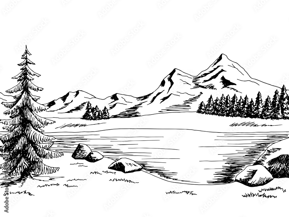 Mountain Lake Graphic Art Black White Landscape Illustration Vector Stock Vector Adobe Stock