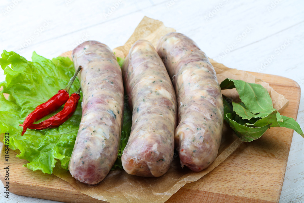 Raw sausages for cooking