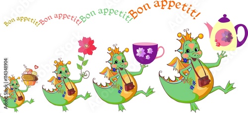 Happy dragons wish bon appetit. Beautiful card with dragons  teapot  cup  flower and cupcake. Vector illustration.