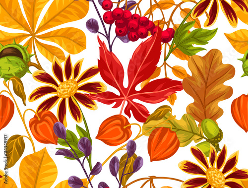 Seamless pattern with autumn leaves and plants. Background easy to use for backdrop  textile  wrapping paper