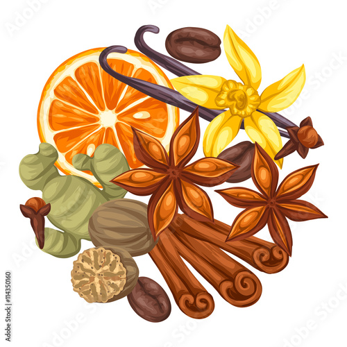 Background design with various spices. Illustration of anise, cloves, vanilla, ginger and cinnamon