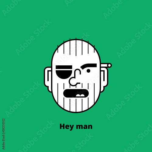 Character design: unshaven angry man with black eye and cigarette behind ear. Thing lines design of avatar, t-shirt print, or logo. Vector illustration.