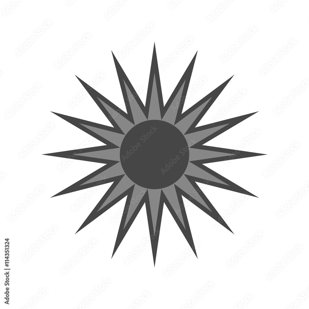 Sun icon. Light sign with sunbeams. Black design element, isolated on white background. Symbol of sunrise, heat, sunny and sunset, sunlight. Flat modern style for weather forecast. Vector Illustration