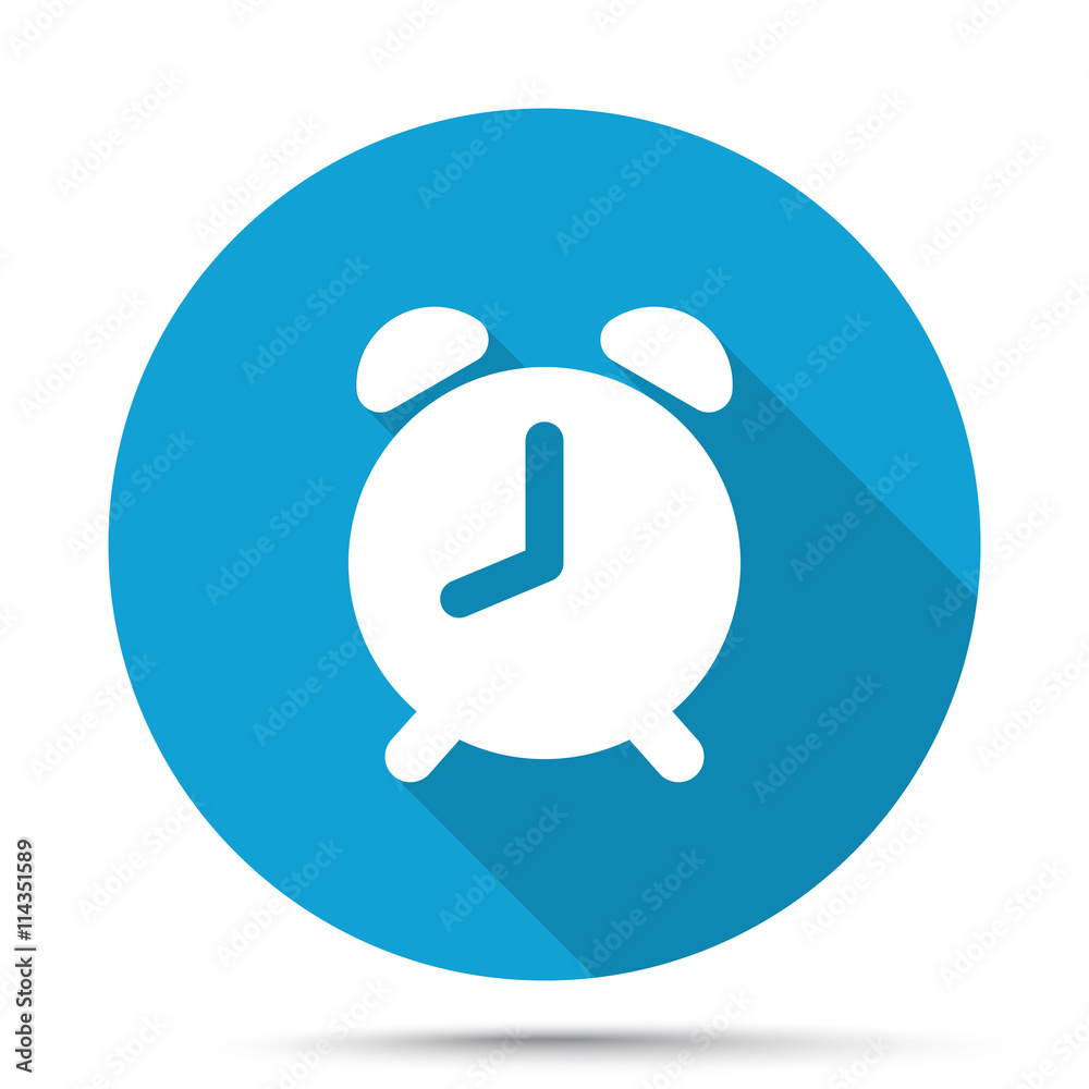 White Alarm Clock icon on blue button isolated on white White Alarm Clock icon on blue button isolated on white