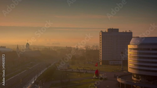 sunset city prospect roof top panorama 4k time lapse minsk belarus
 photo