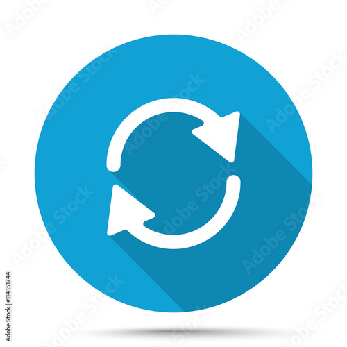 White Refresh icon on blue button isolated on white