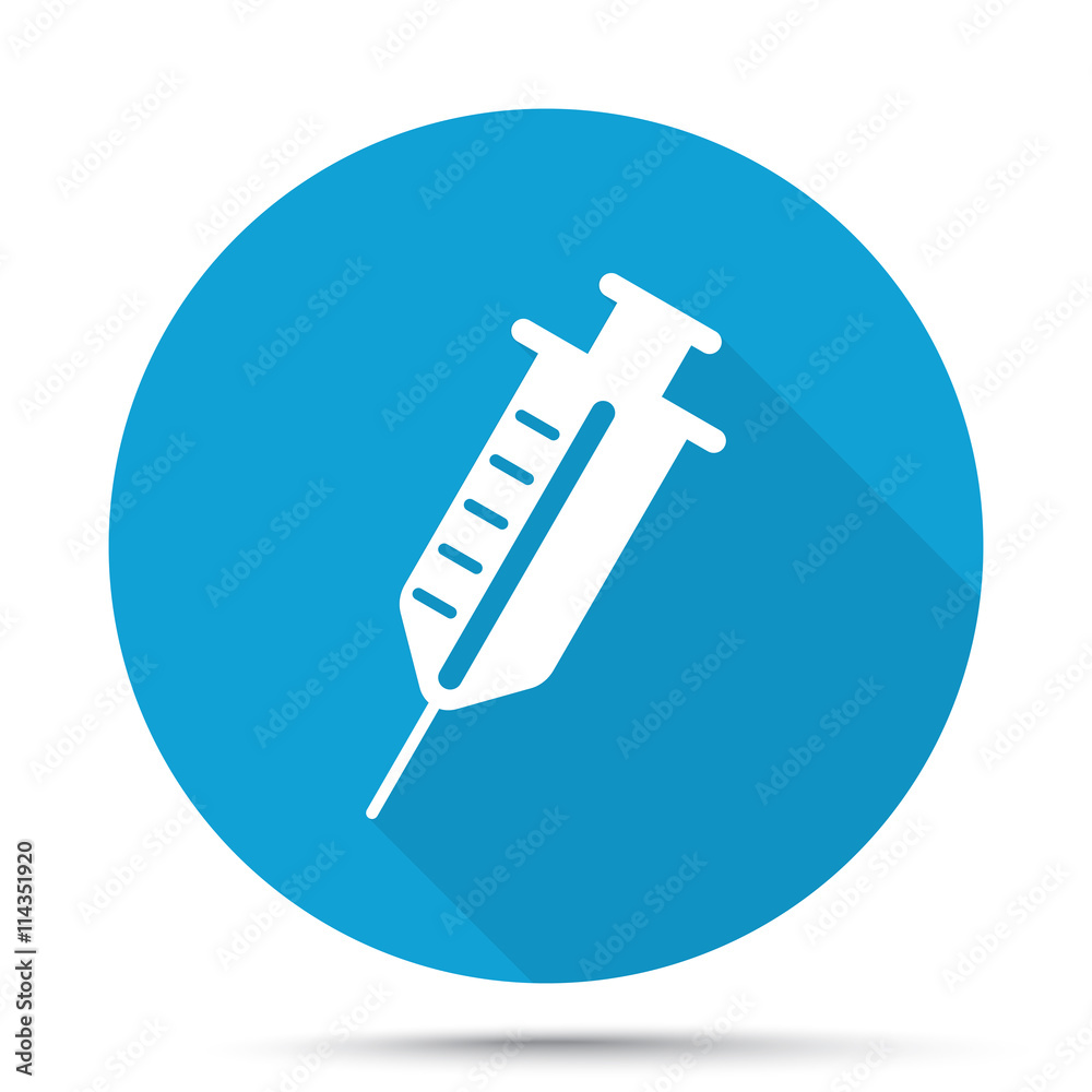 White Syringe icon on blue button isolated on white White Syringe icon on blue button isolated on white