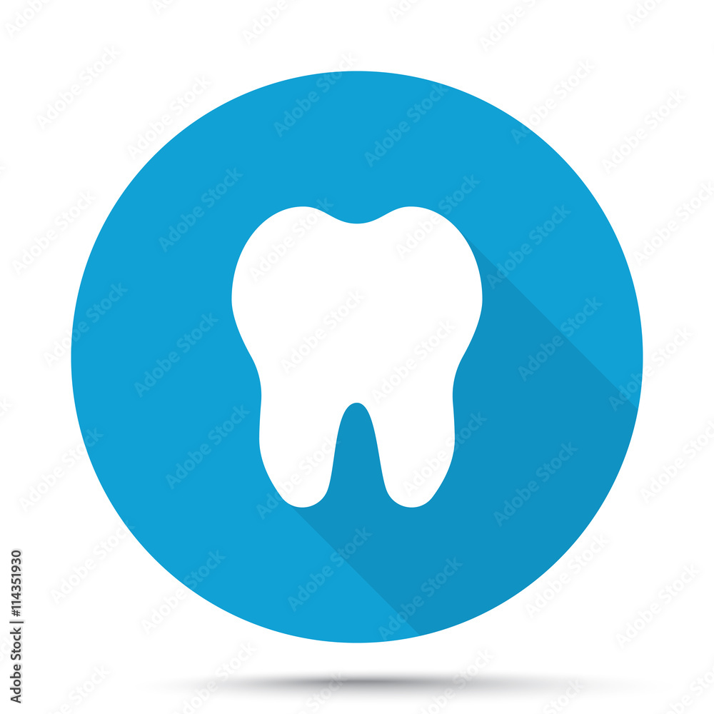 White Tooth icon on blue button isolated on white