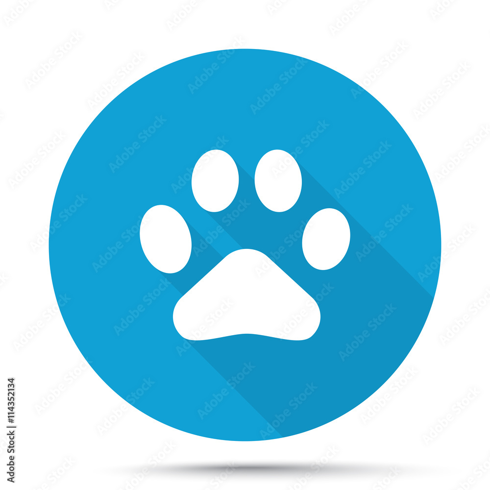 White Paw Print icon on blue button isolated on white White Paw Print icon on blue button isolated on white