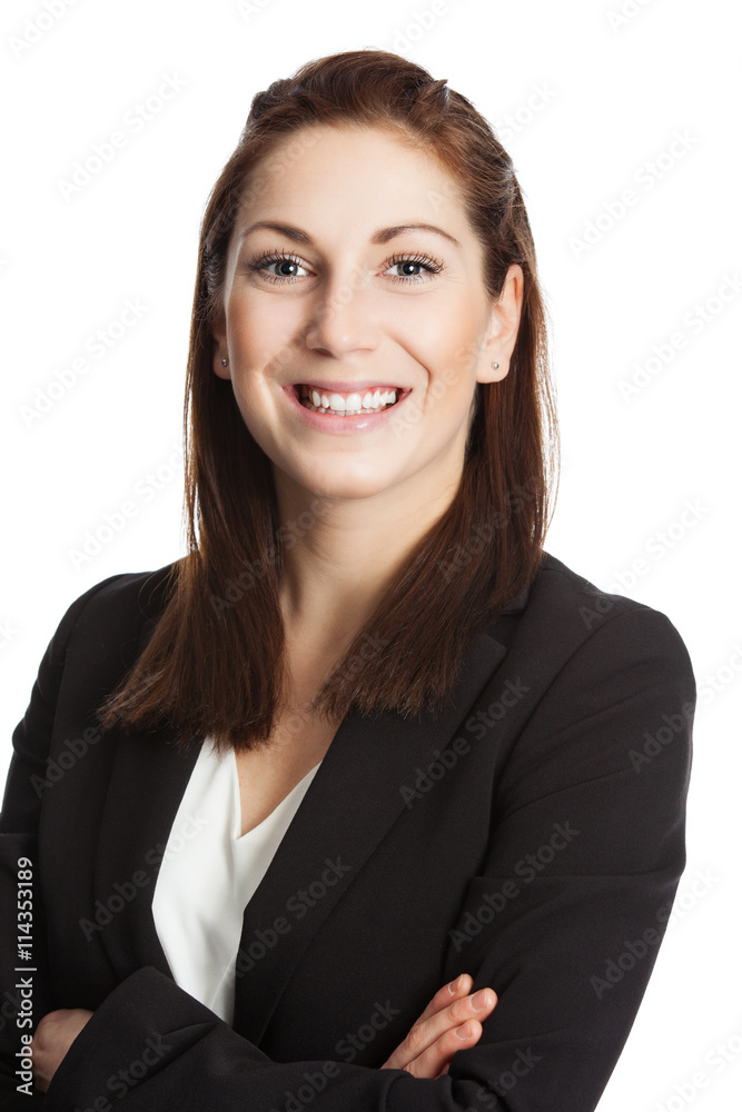 An attractive brunette businesswoman wearing a black suit and white shirt, standing with her arms crossed against white background. An attractive brunette businesswoman wearing a black suit and white shirt, standing with her arms crossed against white background.