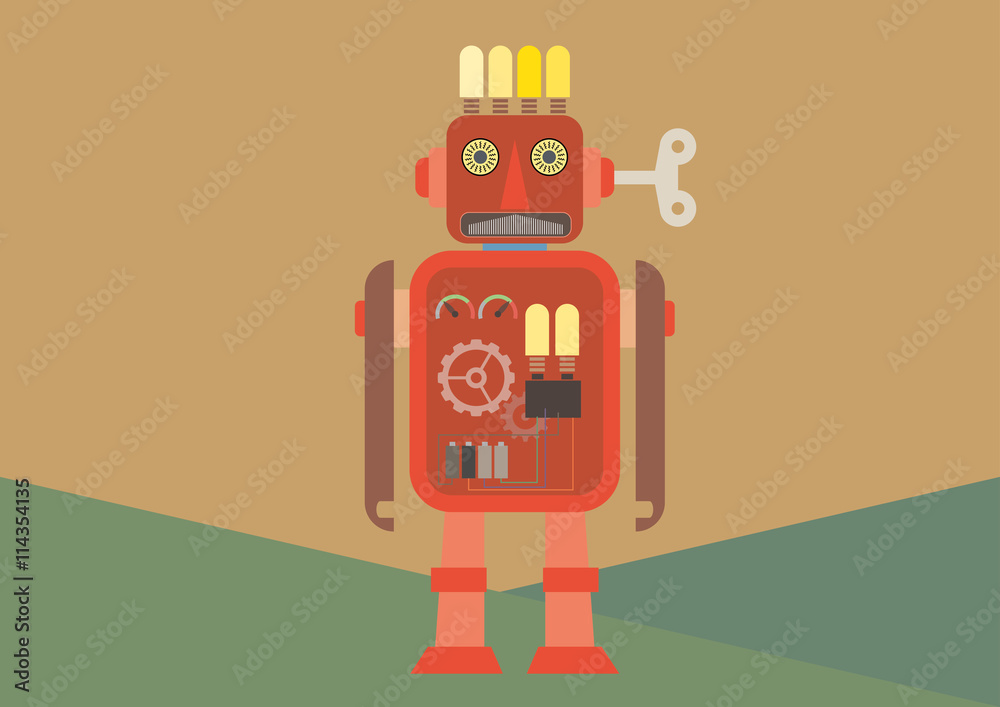 Red robot with bulbs on head and winder