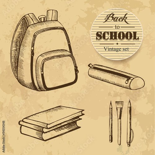 Back to school. Backpack, pencil case, pen, pencil, brush and books on a vintage background. Sketch, graphic style. Drawing by hand. Vector