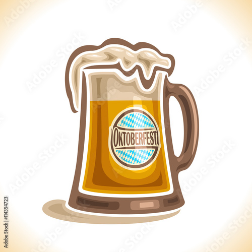 Vector logo for beer mug, consisting of glass mug with handle, filled to brim light lager beer with froth. On pint with alcohol drink label oktoberfest on background of emblem fest white blue rhombus