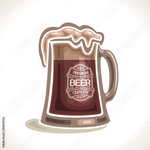 Vector logo for beer mug, consisting of isolated glass mug with handle, filled to the brim a dark porter beer with froth on a white background. On glass pint with alcohol drink label: Premium quality