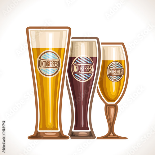 Vector logo glass cup of beer, consisting of cups,with light and dark porter, lager and pilsner beer. On glass pint with alcohol drink label oktoberfest on background of emblem fest white blue rhombus