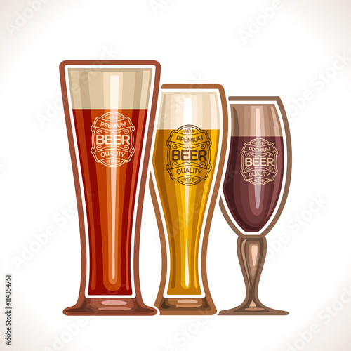 Vector logo for glass cup of beer, consisting of cups, filled to the brim light and dark porter, lager and pilsner beer on a white background. On glass pint with alcohol drink label: Premium quality