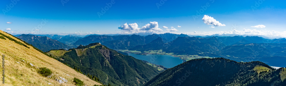 Panoramic aerial view of Wolfgangsee lake from Schafberg, Austri