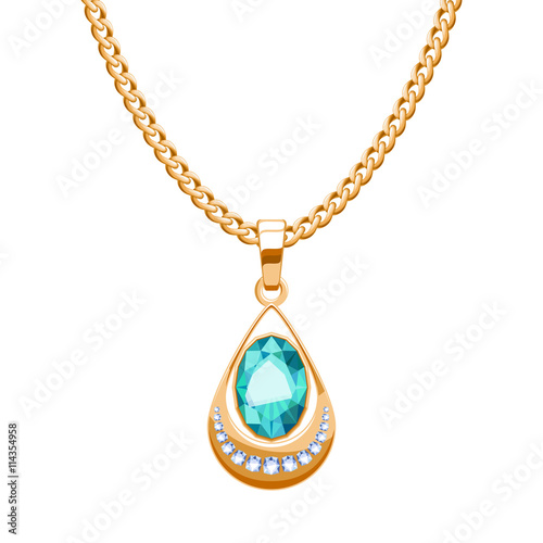 Golden chain necklace with diamonds and emerald gemstones pendant drop shape.