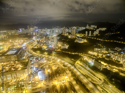 Aerial view of Hong Kong Night Scene, Kwai Chung, Victoria Harbour, Stonecutters' Bridge 