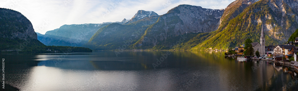 Scenic panoramic picture-postcard view of famous Hallstatt mount