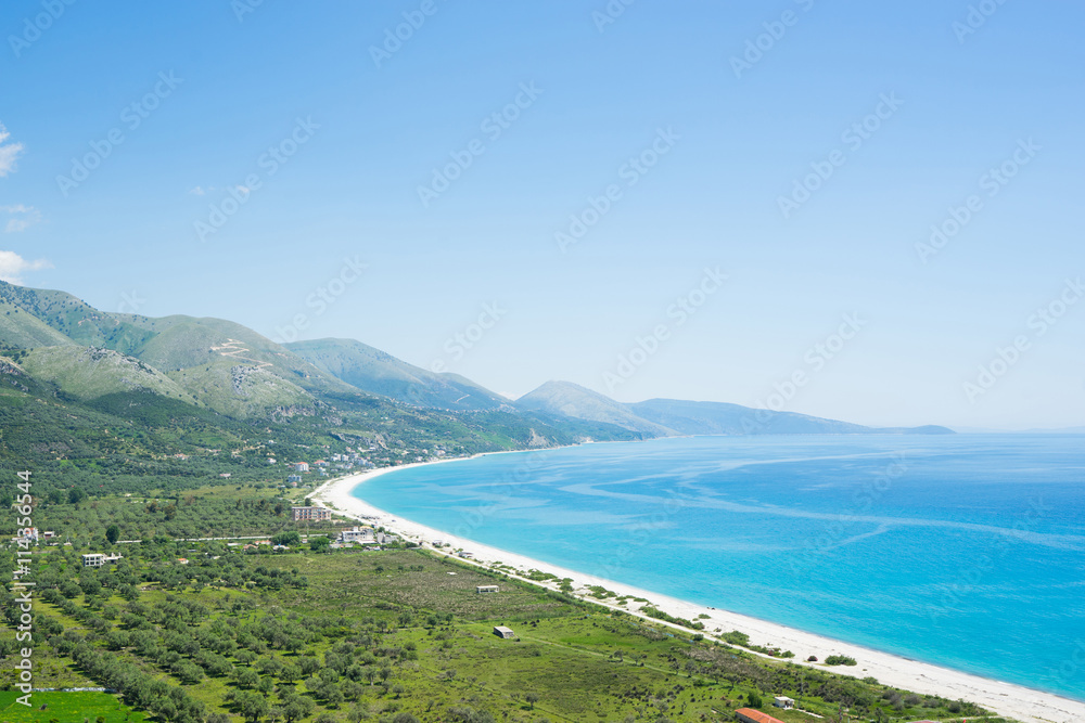 View on beautiful beach from the top of mountain. Albania.