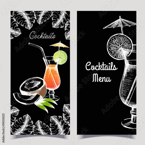 Vector banners with a cocktail. White on black, freehand drawing. Sketch. Summer season. The menu for the restaurant and cafe. Palm leaves, cocktail, coconut painted in graphic style.