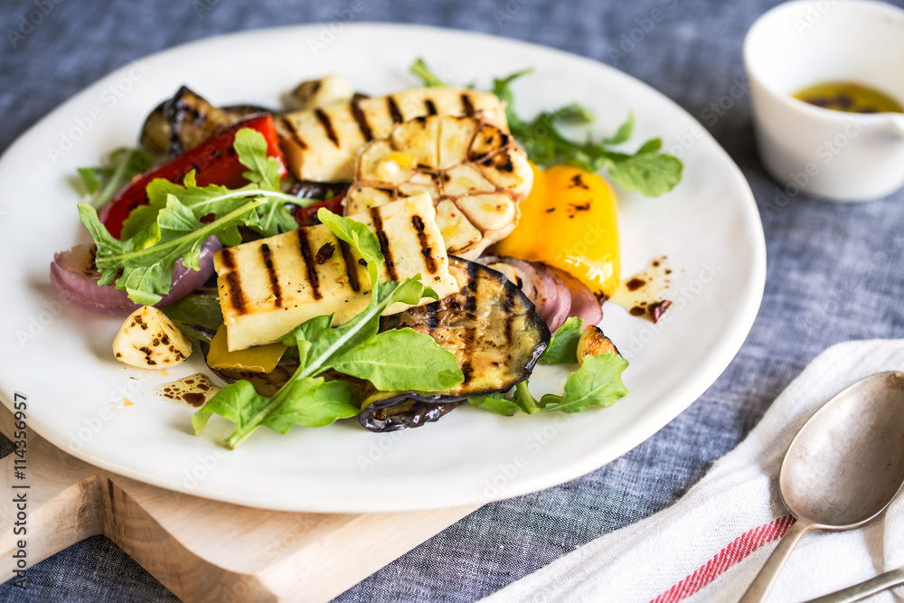Grilled Halloumi with aubergine and pepper salad