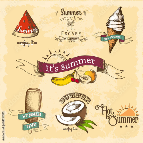 Set of summer symbols, characters, ice cream and fruit in a vintage style. Sketch drawn by hand. Vector drawing