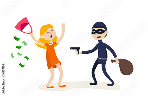The robber threatens with a gun to young woman. Crime concept. Flat illustration.