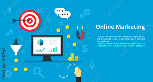 Vector illustration concept for management, strategy, online marketing, inetnet advertising with icons set of modern business working elements, finance objects.