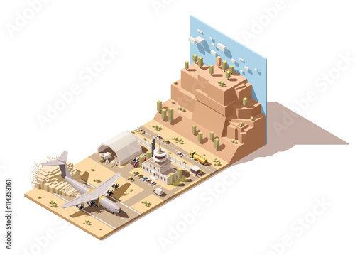 Vector isometric low poly airport terminal building with airplane and Ground Support Equipment