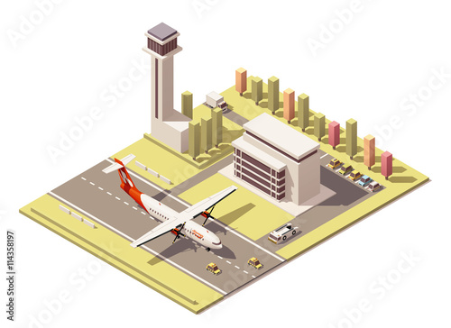 Vector isometric minimalistic low poly airport terminal building with control tower and propeller airplane landing
