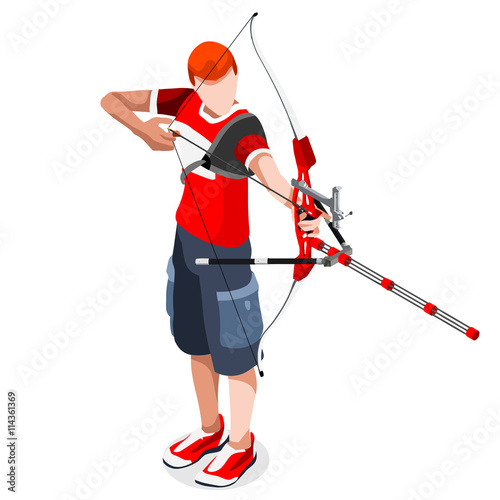 Olympics Archery Player Summer Games Icon Set.3D Isometric Archery Player.Sporting Championship International Archery Competition.Olympics Sport Infographic Archery Vector Illustration