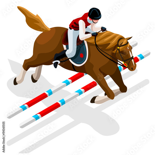 Olympics Equestrian Eventing Summer Games Icon Set.3D Isometric Jockey and Horse Jump Sporting Competition.Olympics Sport Infographic Equestrian Eventing Vector Illustration