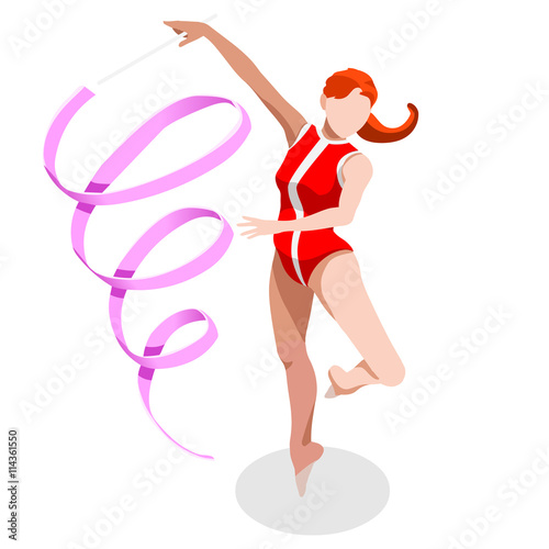 Olympics Rhythmic Gymnastics Ribbon Summer Games Icon Set.3D Isometric Gymnast.Sporting Championship International Competition.Olympics Sport Infographic Rhythmic Gymnastics Vector Illustration