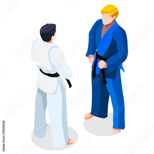 Judo karate Fight Summer Games Icon Set.3D Isometric Fighting Athlete.Sporting Championship International Martial Arts Match Competition.Olympics Sport Infographic Judo Fight Vector Illustration